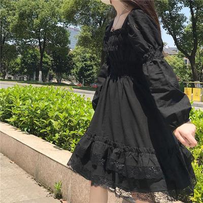 Puff Sleeve Dress Korean Sweet Lolita Cosplay Black Dress Casual Elastic Waist Dress French Style Clothing Gothic Victorian