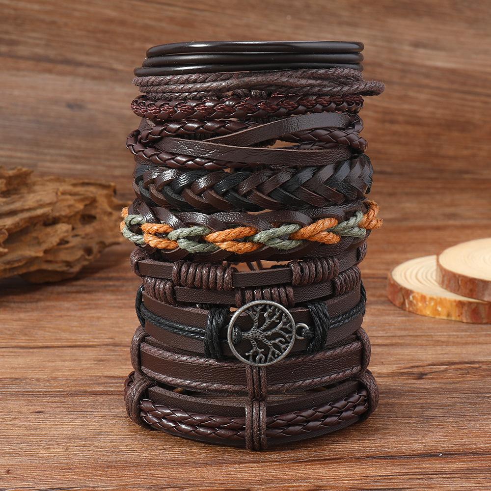 Cross-border e-commerce explosion, retro style, tree of life, devil's eye, men's leather woven bracelet combination set