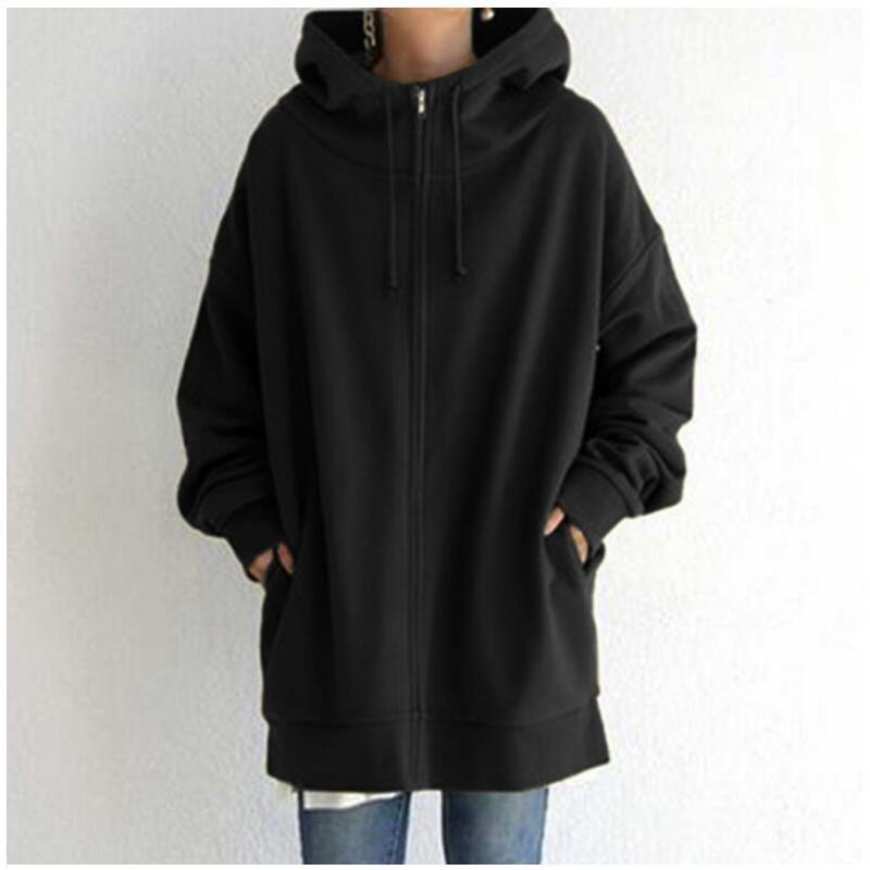 Autumn and Winter New Personality Street Zipper Hooded Long Plus Velvet Sweater