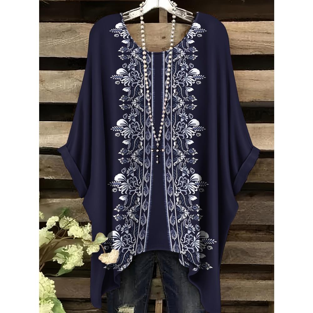 Sommer Damen T-Shirt Ethnischer Stil Gedruckter Frack Rundhalsausschnitt Lässig Bequem Y2k T-Shirt Vintage Damen Kurzarm-T-Shirt