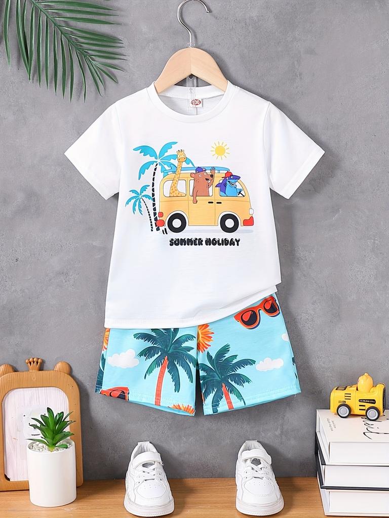 Cartoon Car Graphic Children's Sets Short Sleeve T-Shirt Fashion Suit for Girls Tops Round Neck Toddler Boy Clothing Child Sets