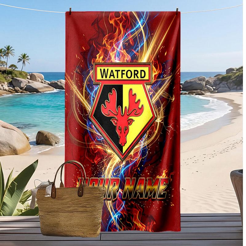 Watford FC Personalized Printed Beach Towel Soccer Logo Support Custom Name Text Absorbent Towel For Sport Travel Special Gift