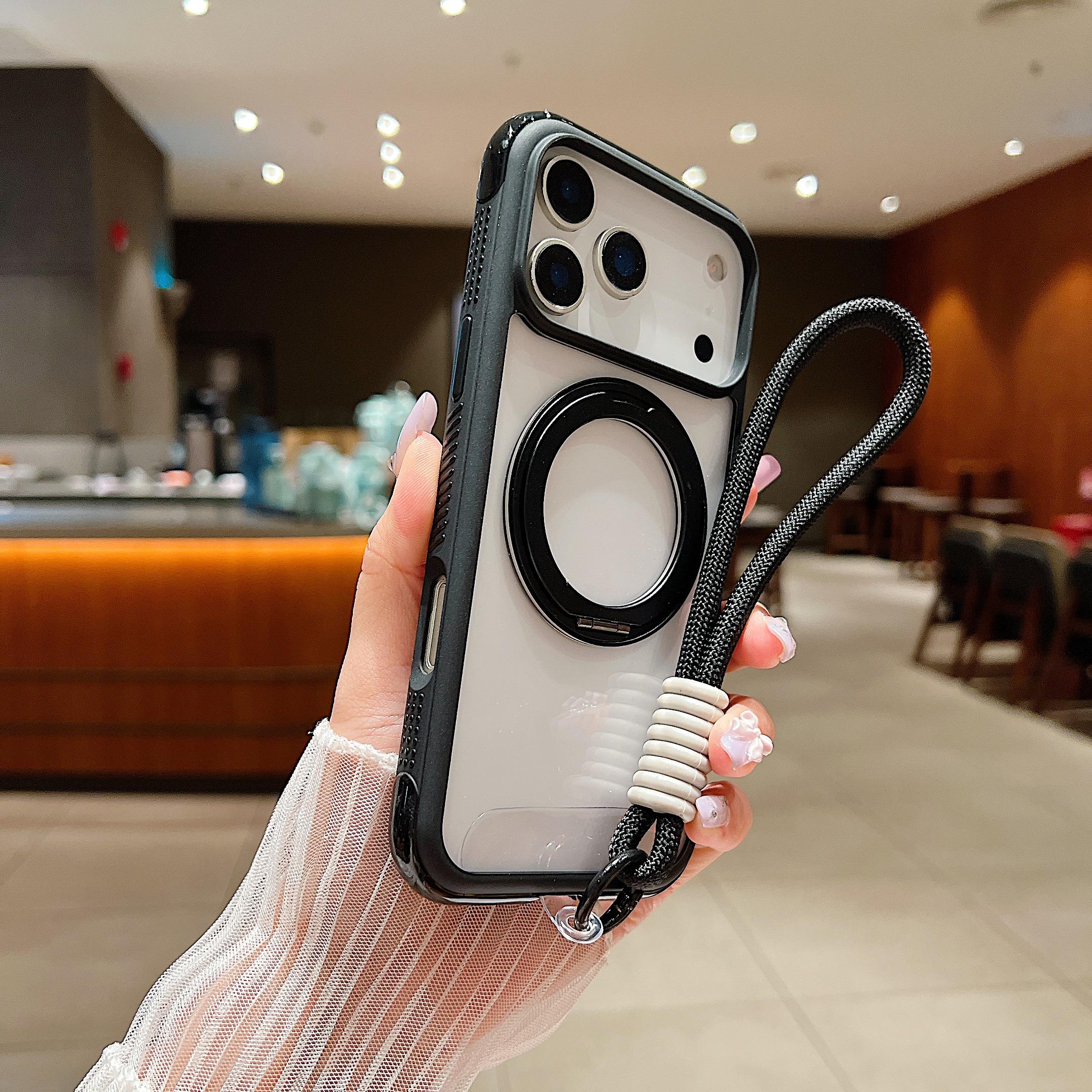 

For iPhone 17 Pro Magnetic Case Stress Relief Kickstand TPU+PC Transparent Phone Cover with Wrist Strap Black
