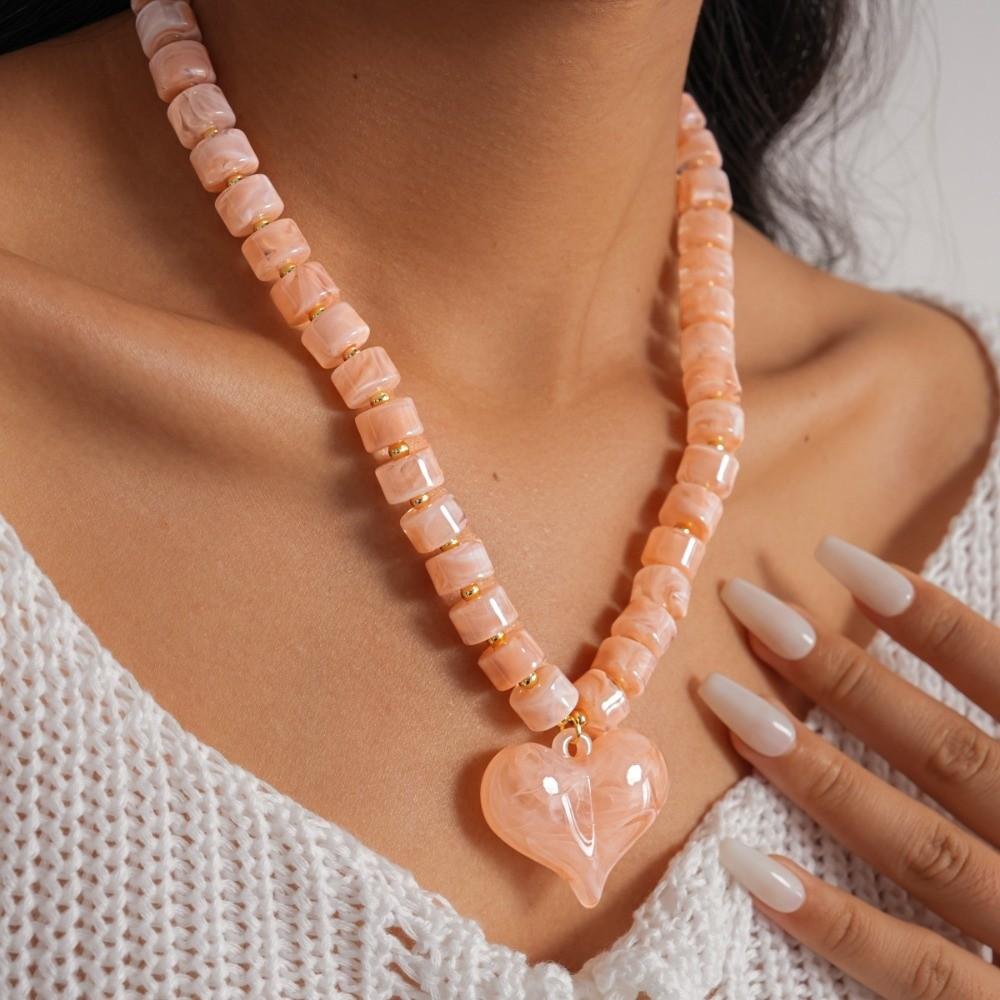 Acrylic Acrylic Love Heart Necklace Round Bead Sweater Chain Women Clavicle Necklace Vacation