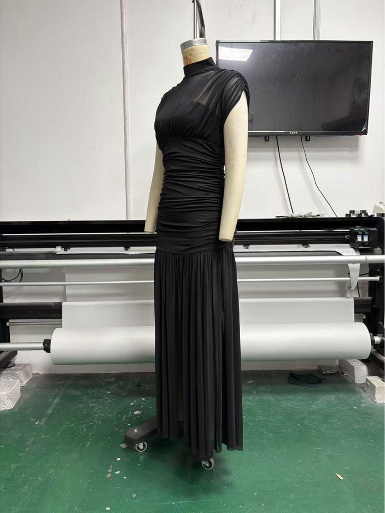 2026 European & American Women's Sexy Mesh Solid Color Hip-Hugging Summer Long Formal Dress