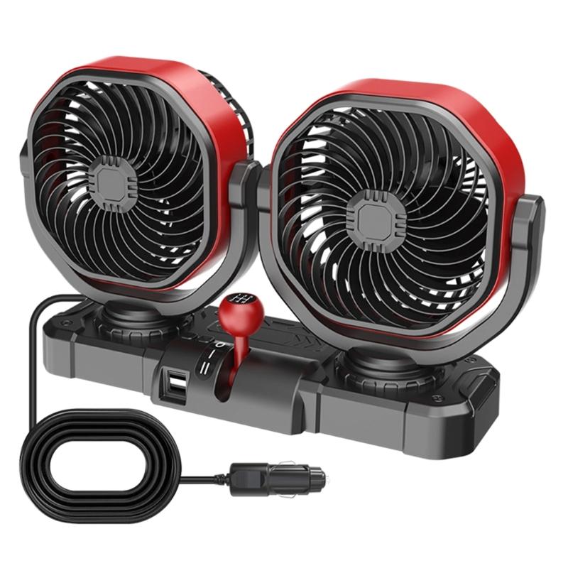 Double Head Car Fan 12V 24V Lighter Cooling Fan Double USB Output Oscillating Airflows for Truck RVs Dashboard Use