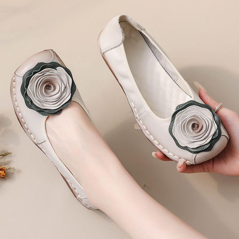 2025 Spring luxury cowhide leather shoes woman handmade flower flats retro wedged loafers ladies chic soft red dressy moccasins