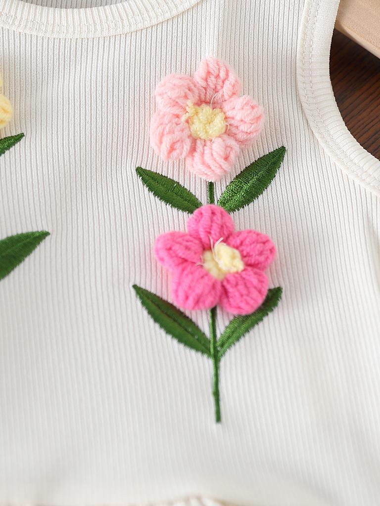 Baby Girl Summer Outfit Short Sleeve Round Neck Striped Top with 3D Flower Embroidery and Solid Color Ruffle Shorts 2Pcs Set