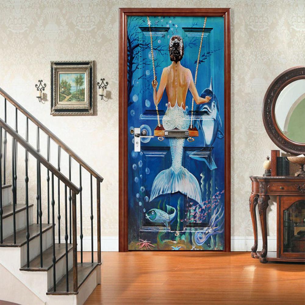 3D Door Mural Sticker Peel and Stick Door Wallpaper Golden Buddha Castle Moon Mermaid Flower Home Decor Removable