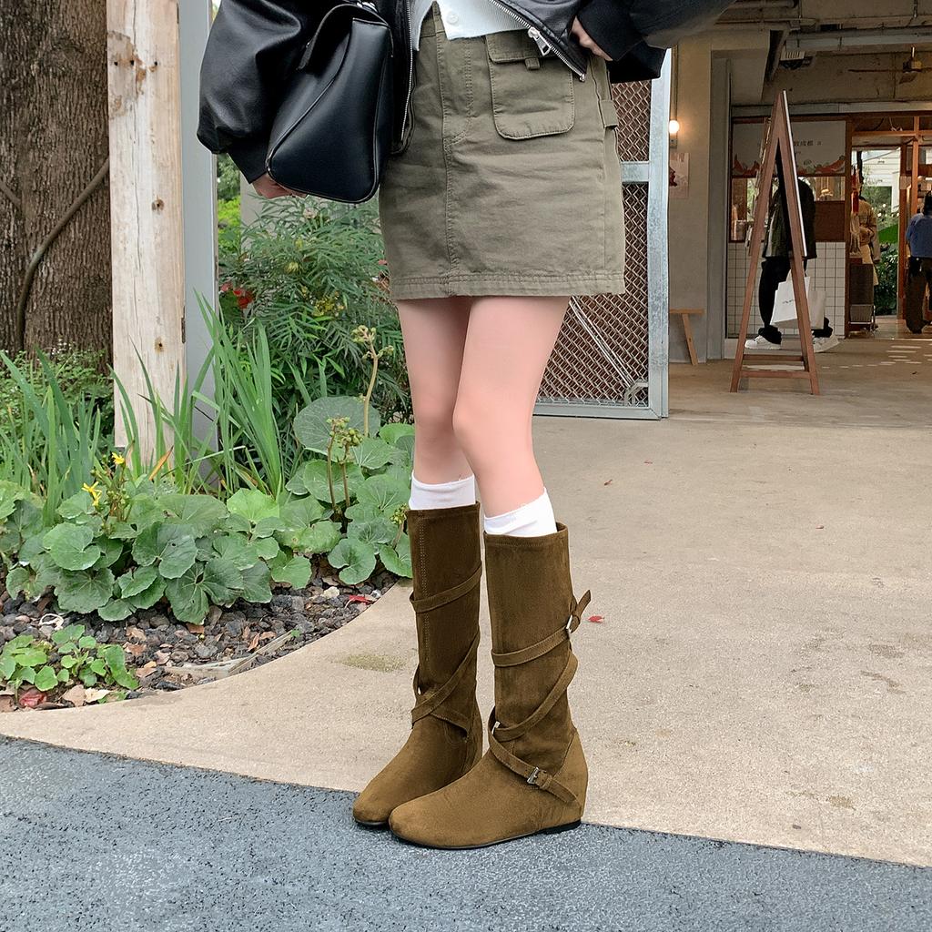 Retro temperament thick heel khaki over-the-knee boots women's boots small slim inner heightening stacking boots knight boots