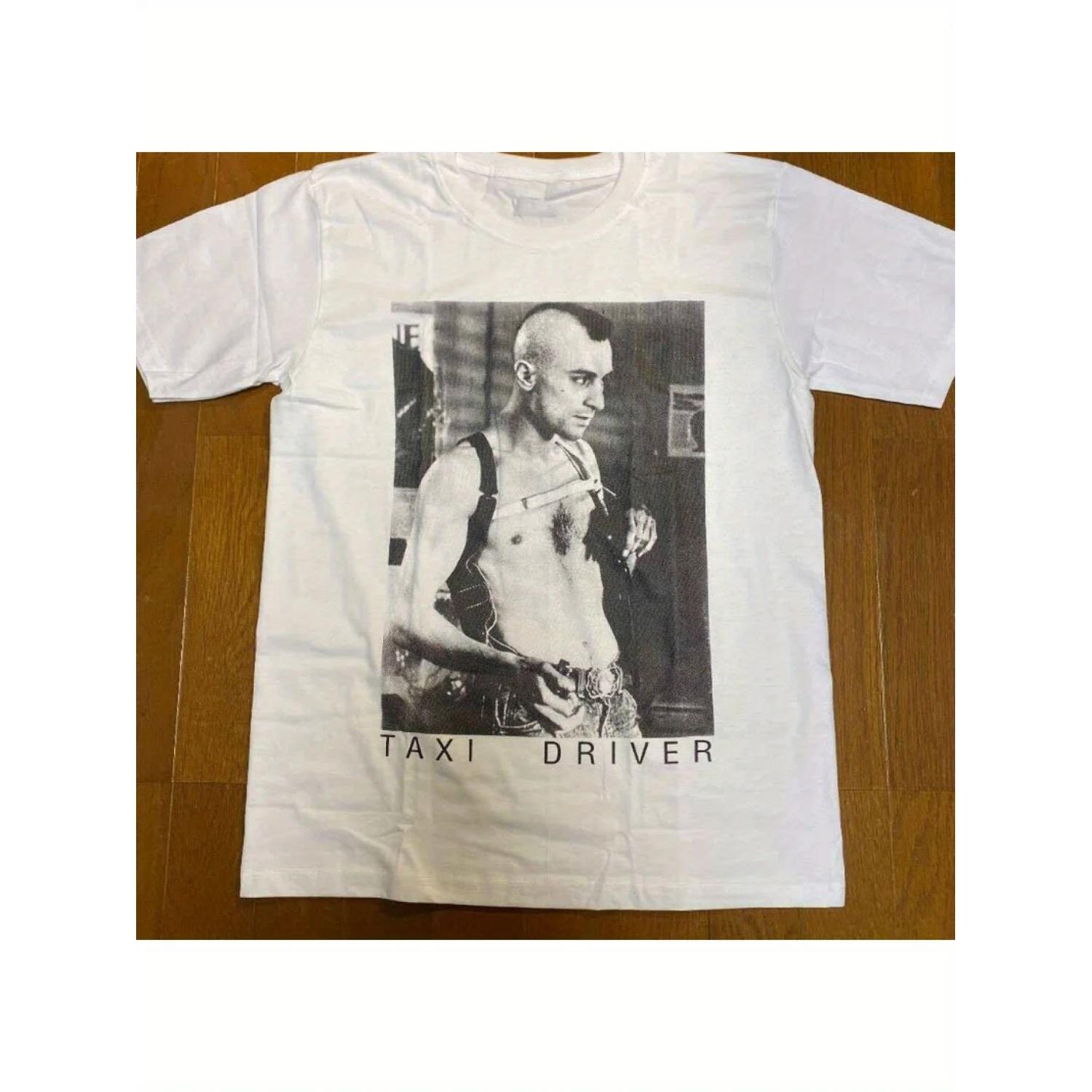Taxi Driver Pattern Printed T-shirt - Neutral Classic White Bohemian Style T-shirt Retro Design, Printed T-shirt Casual Wear S