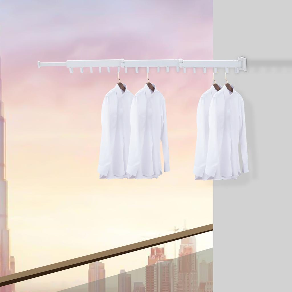 Tri-Fold Space Aluminum Wall-Mounted Drying Rack – 110 Lbs Load Capacity with 18 Hooks & Telescopic Hidden Rod – White
