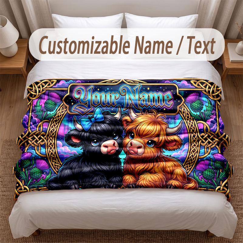 Highland Cow Theme Soft Blanket Personalized Custom Name Text Print Warm Blanket Home Sofa Bedroom Decor