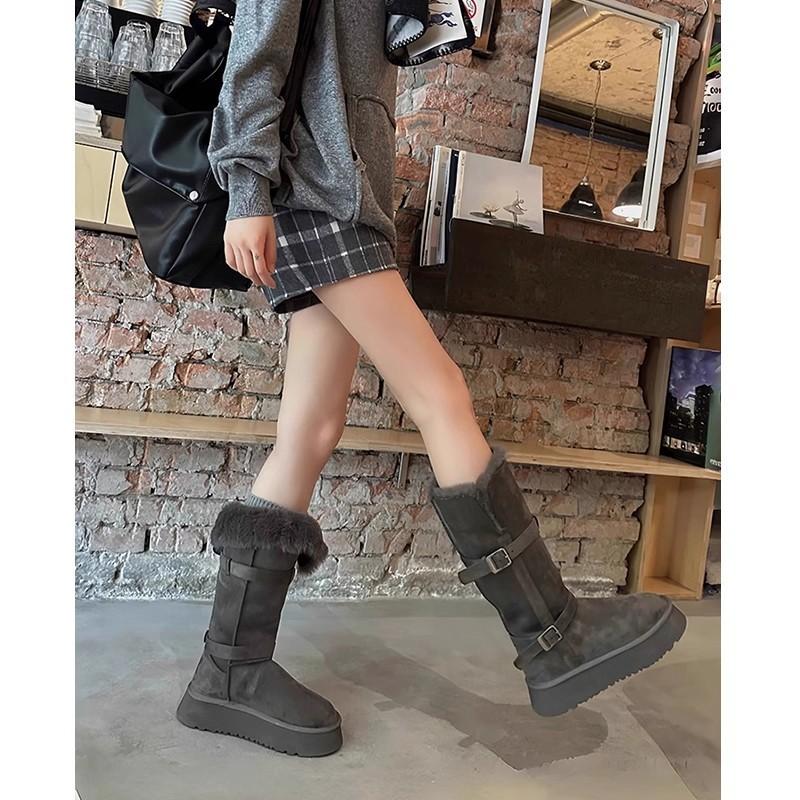 Height-increasing Small Long Tube Winter Thick-soled Snow Boots Women's Velvet Thickened Tube Snow Cotton Shoes Gray New 2025