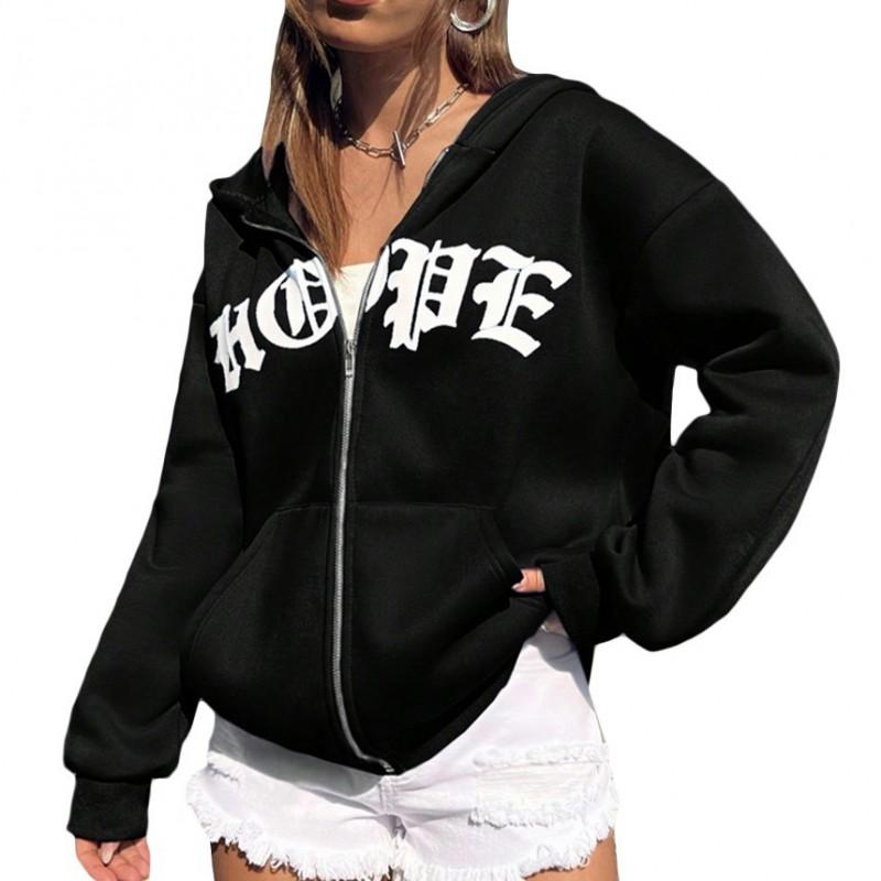 Unisex Oversized Zip-Up Hoodie With Letter Print Cotton Blend Warm Casual Sweatshirt