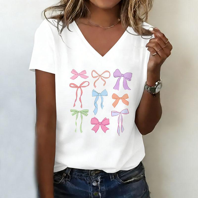 

V-neck casual and fashionable colorful bow printed T-shirt XL