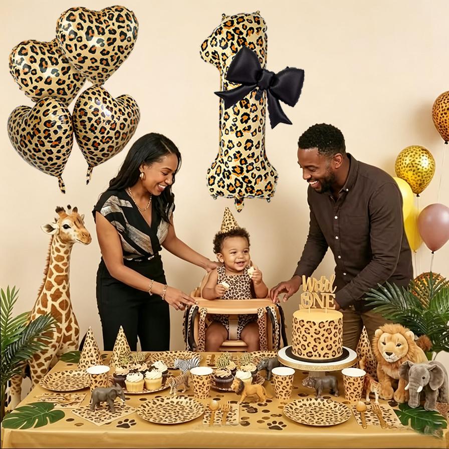 Leopard Print Number Foil Balloon 0-9 with Black Bow Leopard Print Heart-shaped Balloon for Birthday Anniversary Party Decor