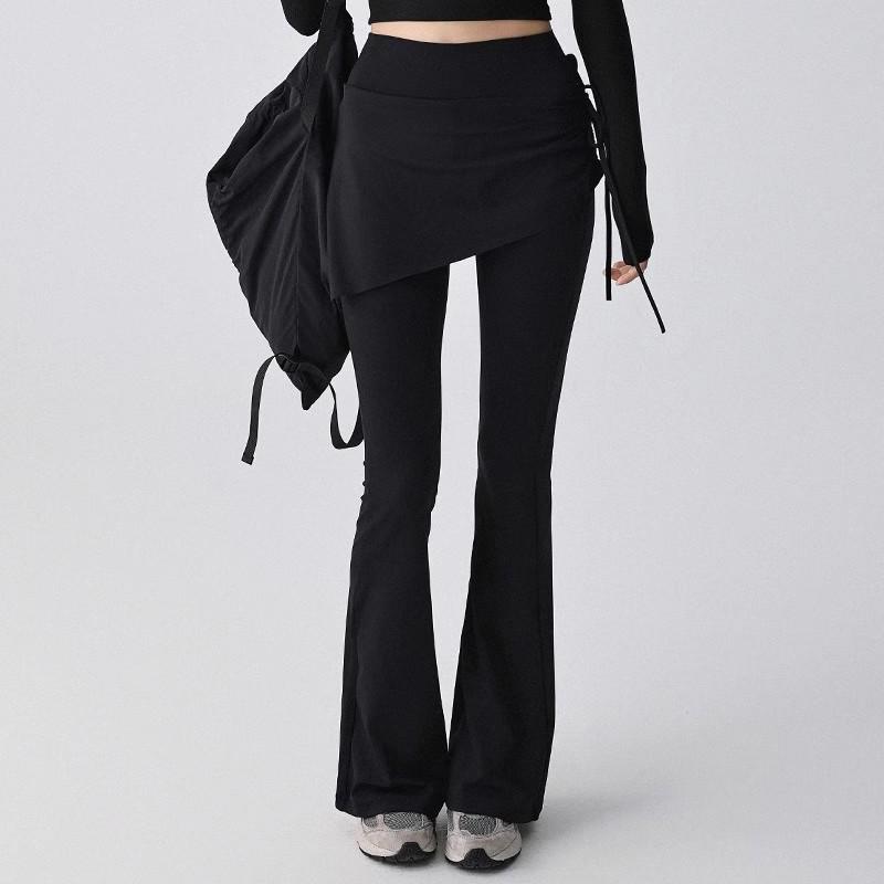 Women's High Waist Slim Fit Flared Yoga Pants - Faux Two-Piece Style with Side Drawstring for Hip Coverage