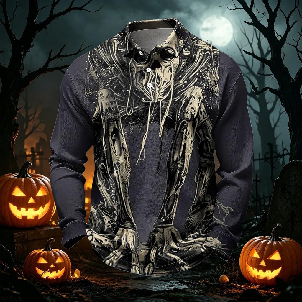 Men's Quick Dry Mesh Long Sleeve Golf Shirt Halloween Print