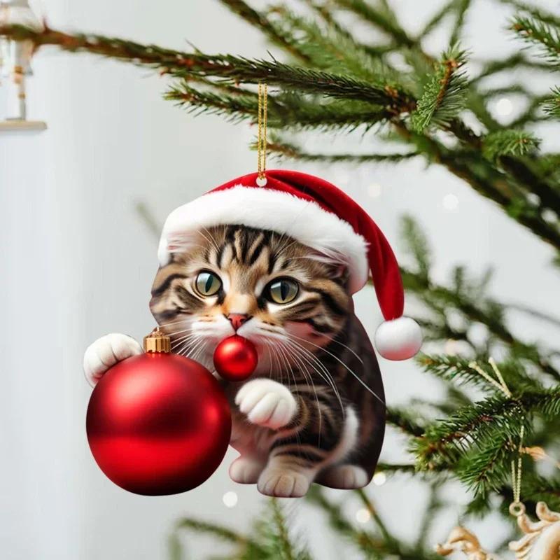 1-10PCS Christmas Acrylic Car Hanging Ornament Cat Santa Hat Tree Pendant Holiday Home Decoration Xmas Party Supplies
