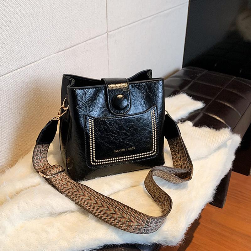 Borse a secchiello a tracolla in pelle PU semplice vintage per donna Borsa a mano di lusso firmata Borsa a spalla nera da donna