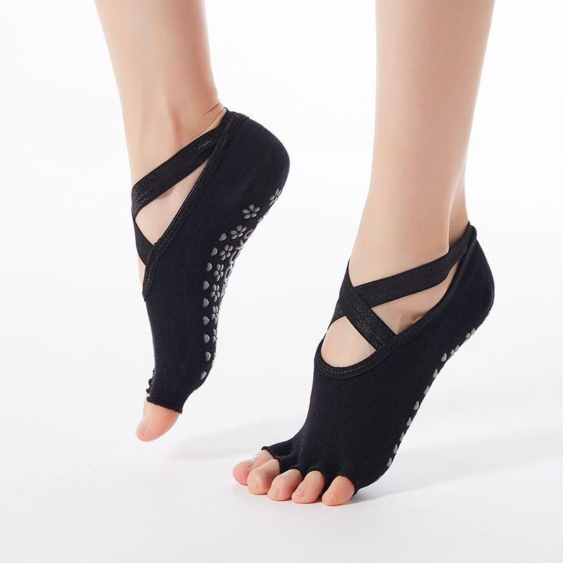 

Носки для йоги Нескользящие Профессиональные Женские Носки с пальцами Летние Тонкие Носки до щиколотки из чистого хлопка С перекрестной лямкой Носки для тренировок по пилатесу (Open finger) Black