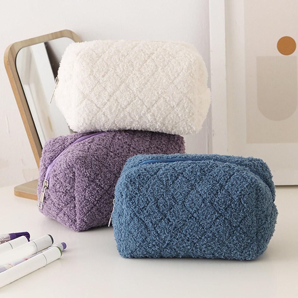 Cute Plush Cosmetic Bag Solid Color Simple Soft Large Capacity Makeup Storage Bag Daily Travel Cosmetic Bag