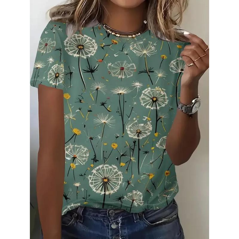 Dandelion Short Sleeve Fashion Women's Crew Neck T-Shirt 3D Dandelion Color Printing Crew Neck Short Sleeve