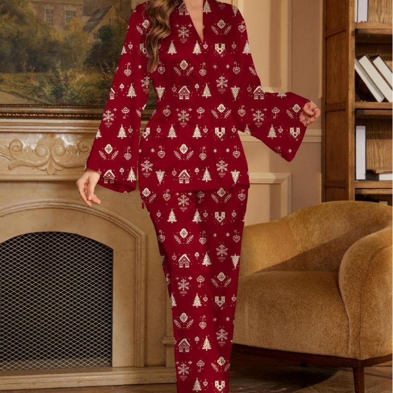Ladies Plus Size Christmas Tree Print Long Sleeve Trousers Pajamas Set