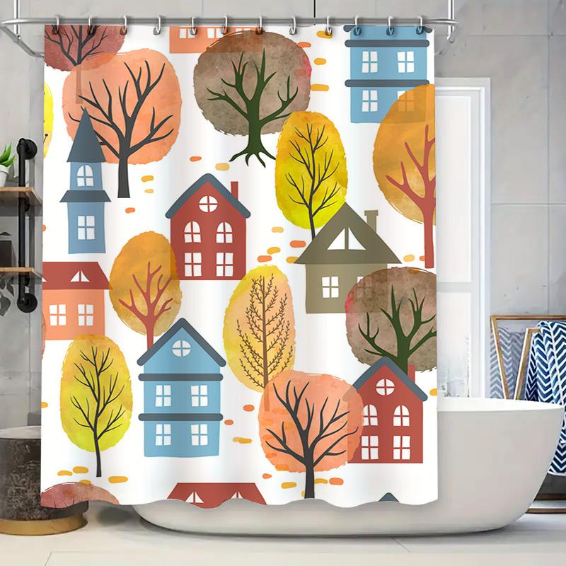 

Multicolor Patterned Shower Curtains With Autumn Leaves House Design For Bathroom Decor High-Quality Water-Resistant Fabric (Blu W60H190(CM)-1 Pcs