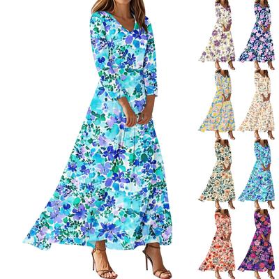 Damen Dreiviertelärmel Modisches Kleid mit floralem Druck Locker Lässig Bequem