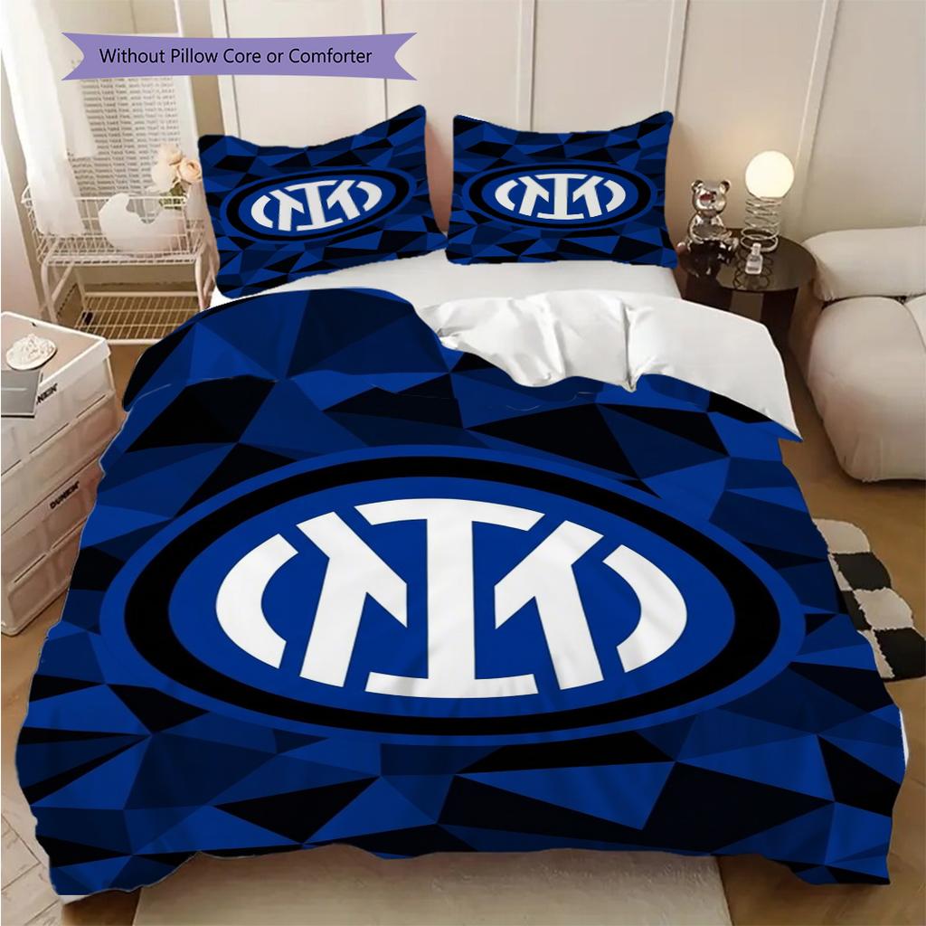 Inter Milan Emblem Blue Geometric Background Three-piece set (1 * duvet cover + 2 * pillowcase, without core) Soft and comfortable