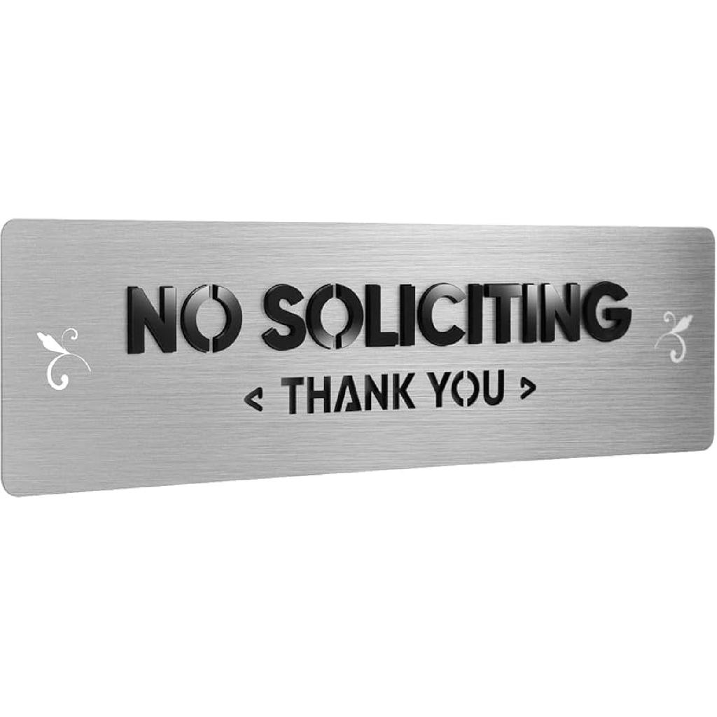 No Soliciting Sign, 304 Stainless Steel, Raised Letters, No-Drill Mounting with Strong Adhesive, Metallic Gold Finish, for House and Business (S203)