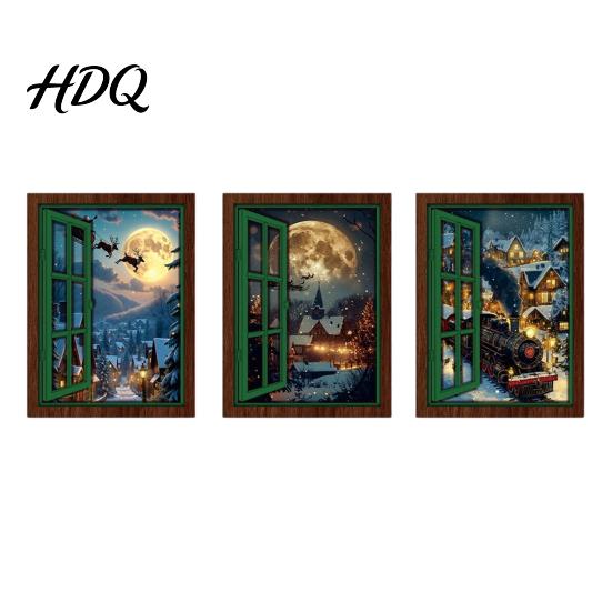 Christmas Fridge Magnet 3Pcs Light-up Window Magnet Wooden Fake Refrigerator Magnets with LED Light Magnetic Decoration for Holiday Party