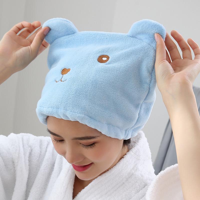 Thickened Embroidered Coral Velvet Bear Dry Hair Hat for Women with Fine Fiber Strong Absorbent Quick Drying Headscarf
