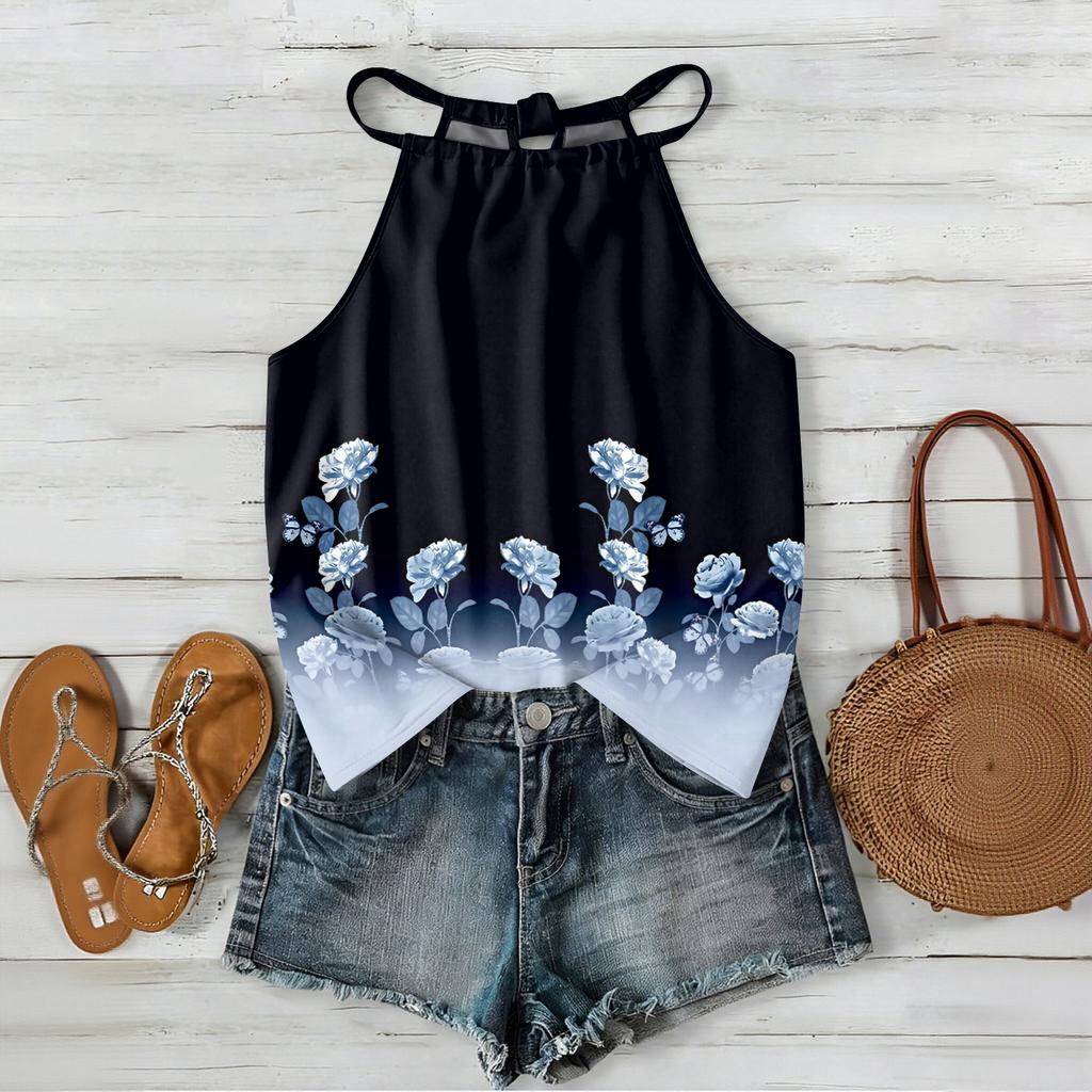 Women’s Sleeveless Bohemian Floral Print Neck Tank Top with Relaxed Fit and Lightweight Fabric for Daily Wear and Layering