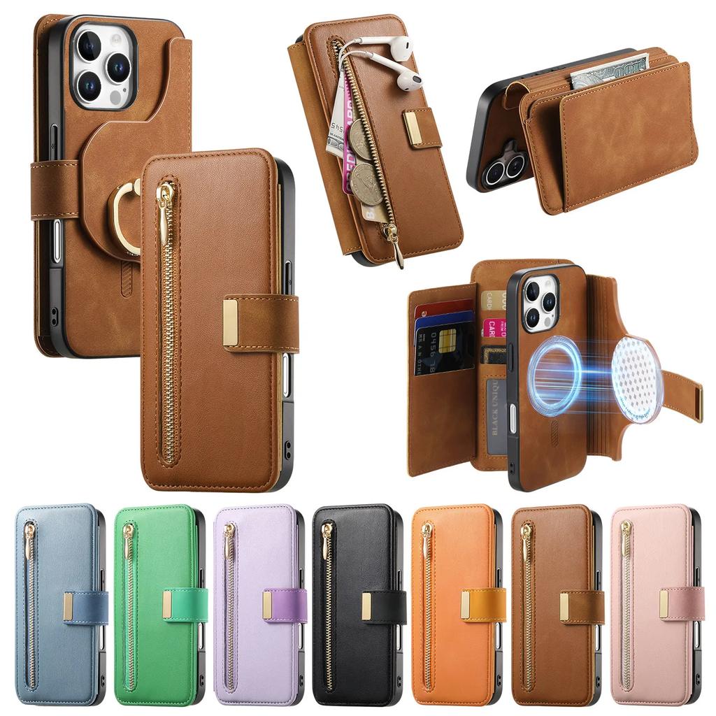 2 in 1 Detachable Cards Solt Zipper Wallet Leather Case For iPhone 16 Pro Max 15 Plus 14 13 12 11 RFID Purse Pocket Flip Cover