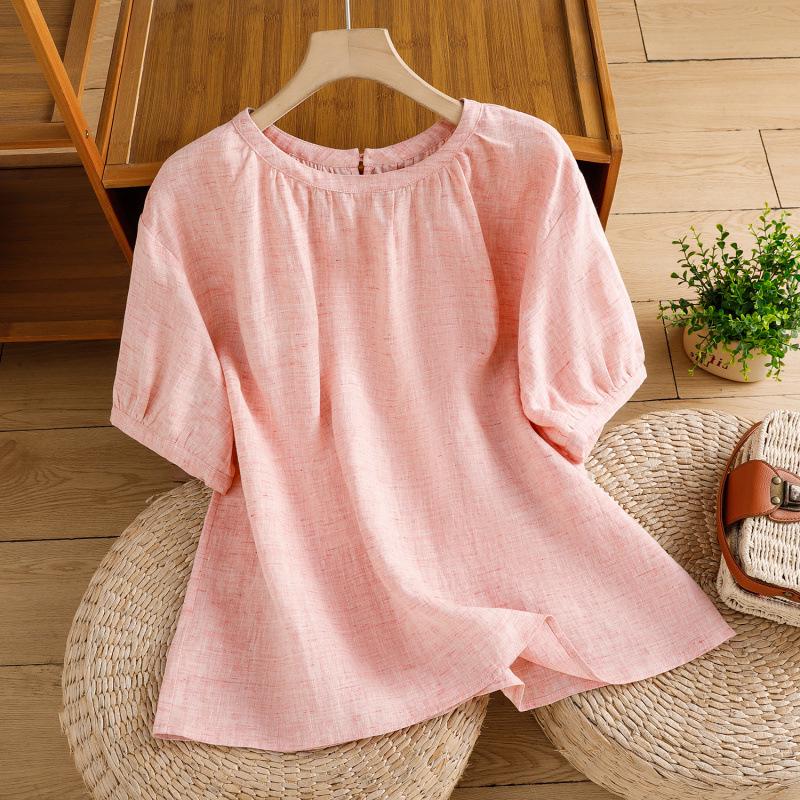 Women's Summer 2026 Imitation Han Linen Short-Sleeve T-Shirt - Artistic Solid Color Design
