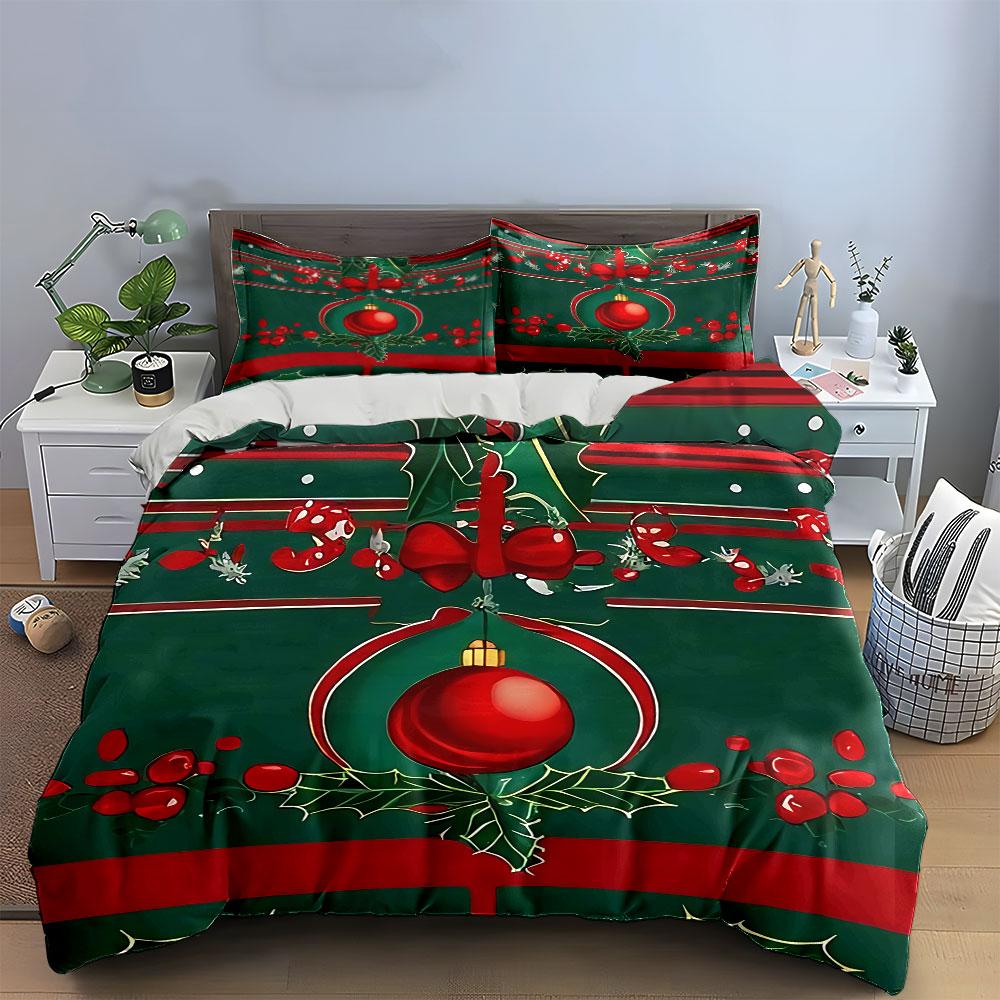 Christmas Ornament Holly Design Bedding Duvet Cover Set Duvet Cover Pillowcases (1*Duvet Cover 2*Pillowcases, Without Duvet Insert)