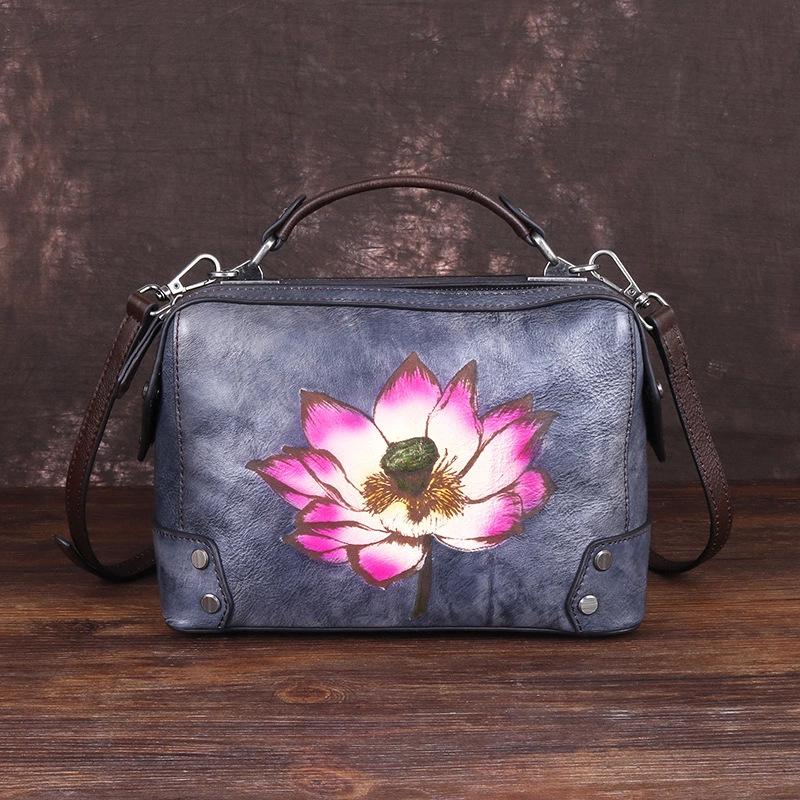 Vintage Leather Female Baotou Layer Cowhide Printed Handbag Texture Handmade Lotus Pillow Bag