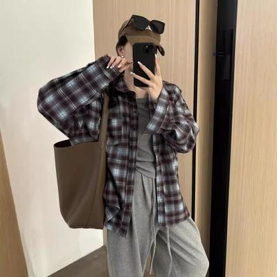 Spring and Autum Women Retro Loose Brushed Cotton Plaid Shirt Oversize