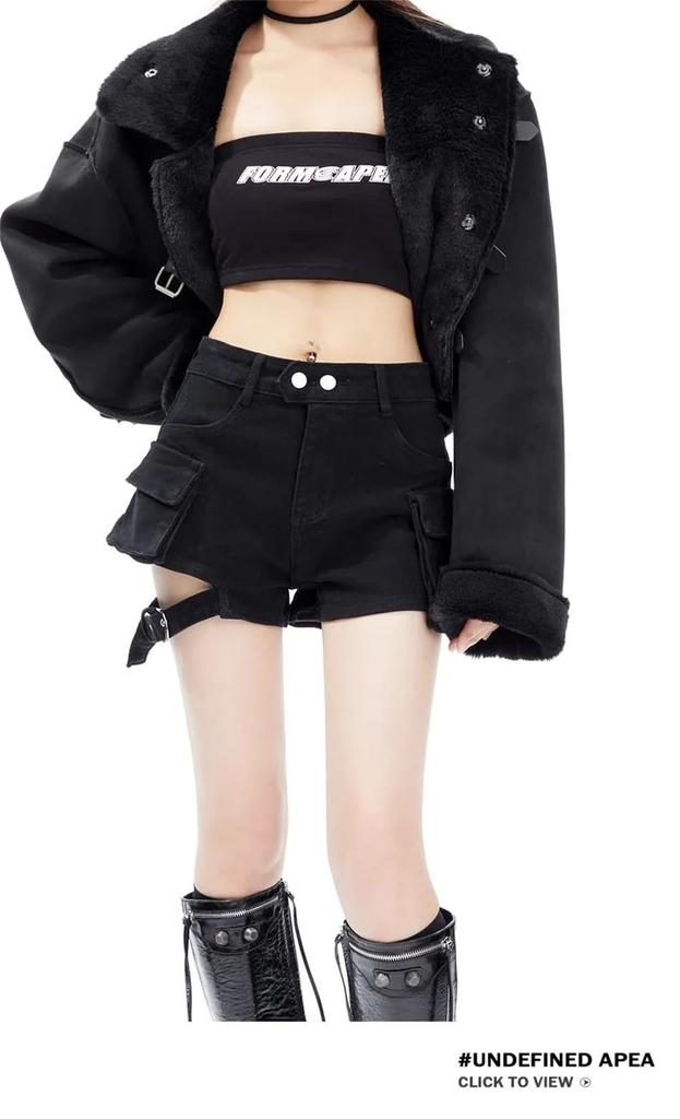 KSLAT Denim Hot Cargo Garter High Gal Korean Military Style Women's Shorts, Pants, Pants, Jeans, Waist, A-Line, Style, Casual, Summer, Sexy, (Color 4,