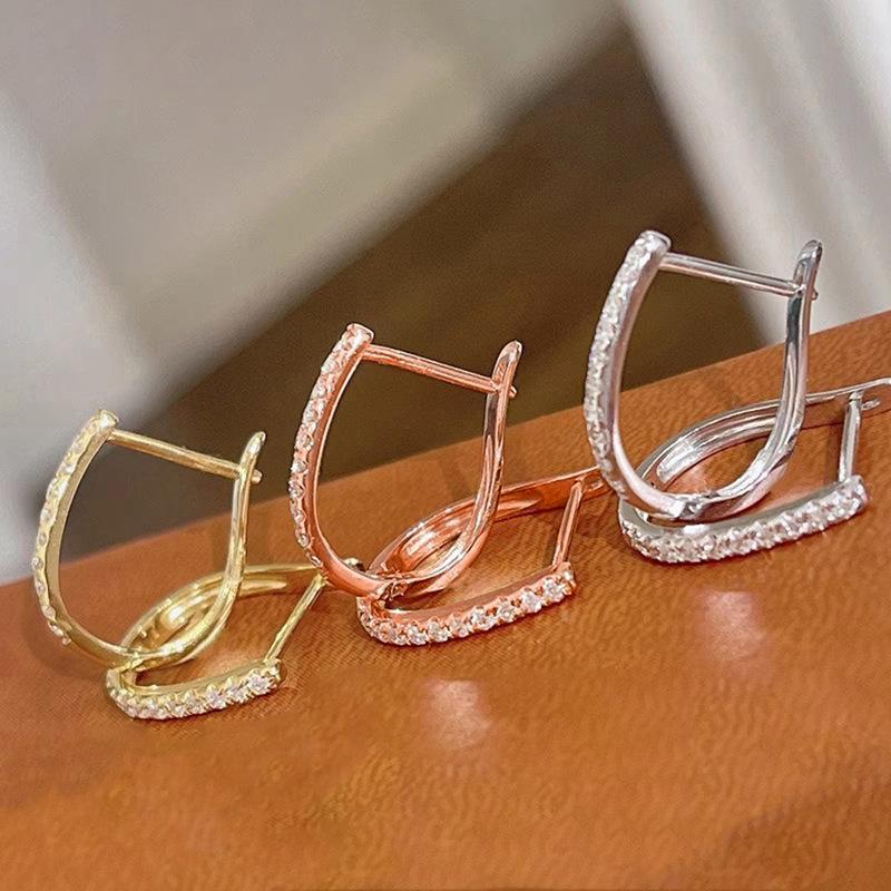 Half Inlaid Round Cubic Zirconia U Shaped Click Closure Hoop Earrings Polished Silver Minimalist Ladies Casual Accessories