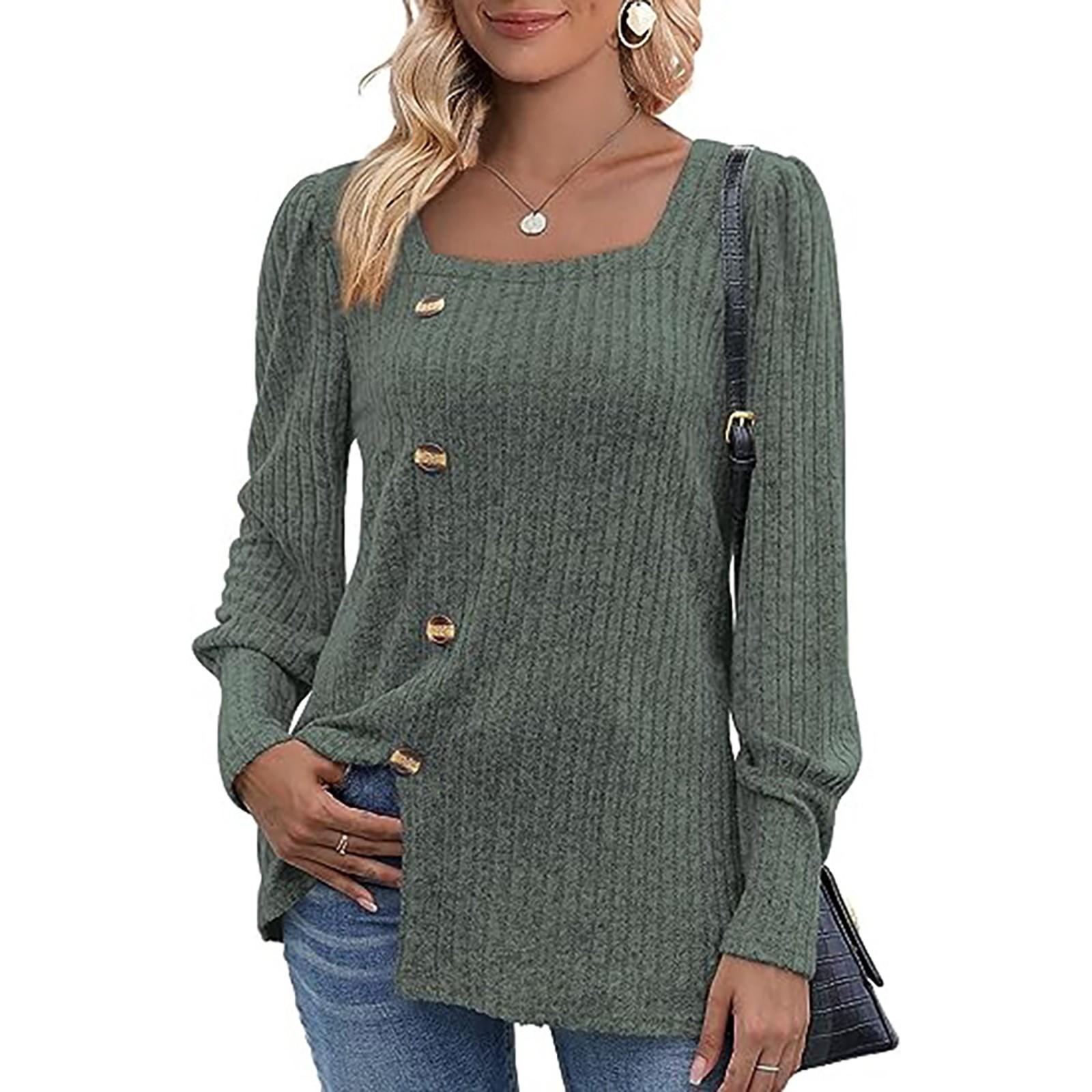 

Женская мода квадратный вырез однотонный флис длинный рукав декоративный пуговицы подола разрез топ XL темно-зеленого