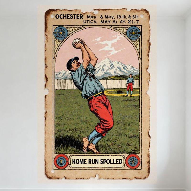 Vintage Baseball Player Action Art Tin Sign, Early 20th Century Style Metal Wall Decor with Weathered Aged Look, Home Run Spoile 20x30cm（7.8x11.8inch）