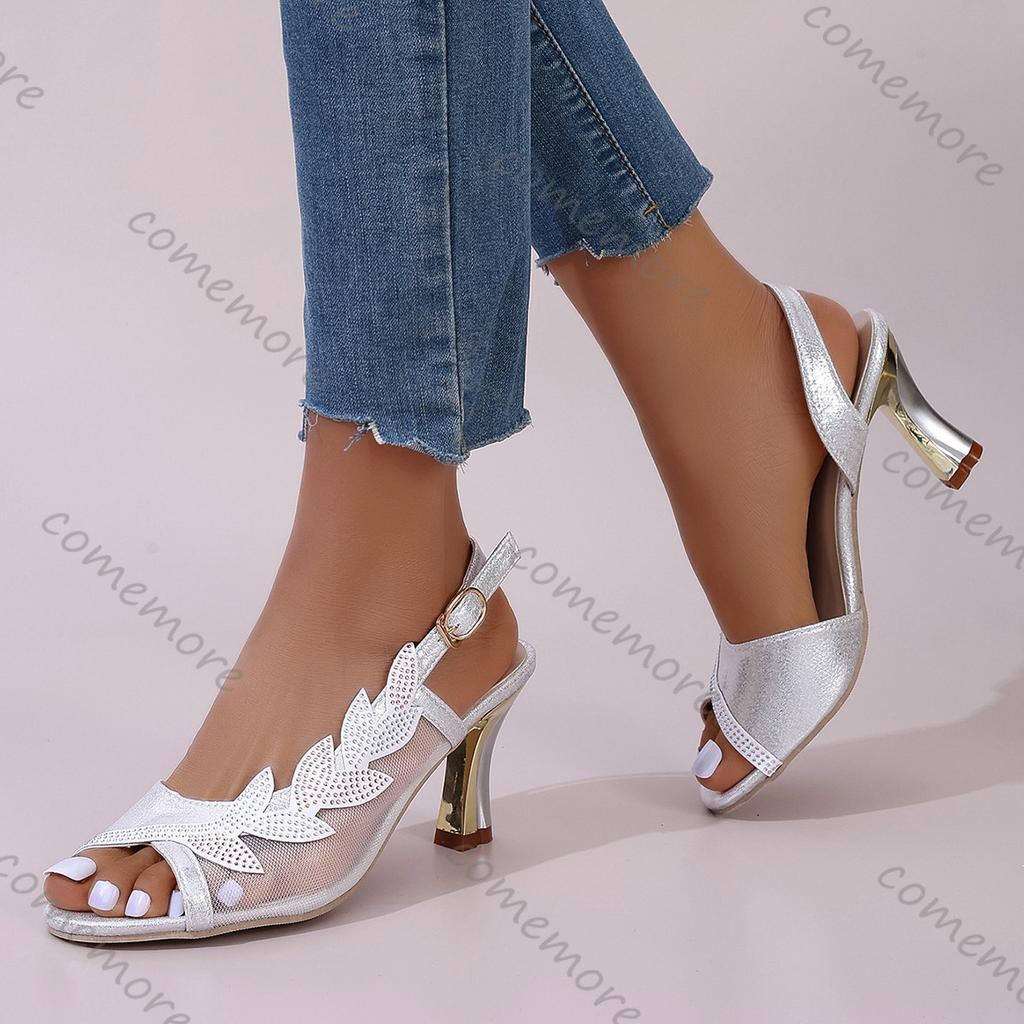 Fashion Comemore High-heeled Sandals Fashion Mesh Rhinestone Fish Mouth Summer Shoes for Women Large Size Side Hollow Roman Sandales