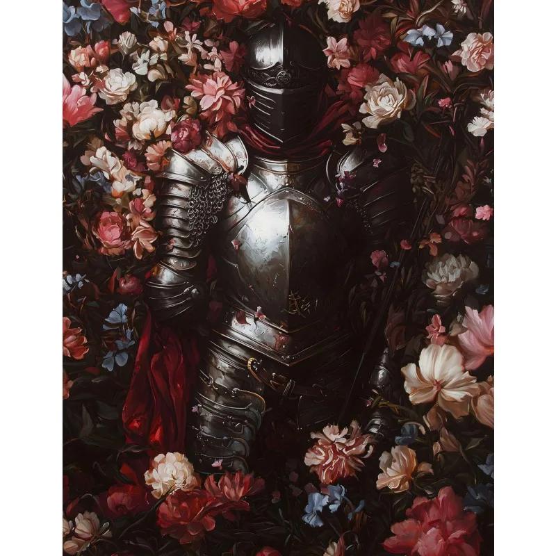 Vintage Dark Academia Medieval Knight in Wildflower Meadow Fantasy Sword Poster Canvas Painting Wall Art Pictures Home