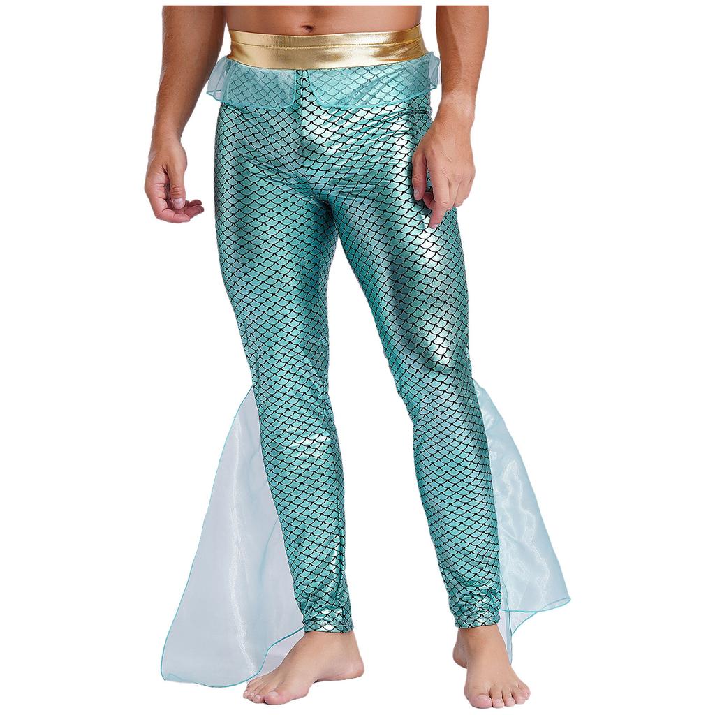 Men's Fishscale Print Leggings - Shiny Mermaid Pants with Elastic Waist for Halloween & Sea King Cosplay