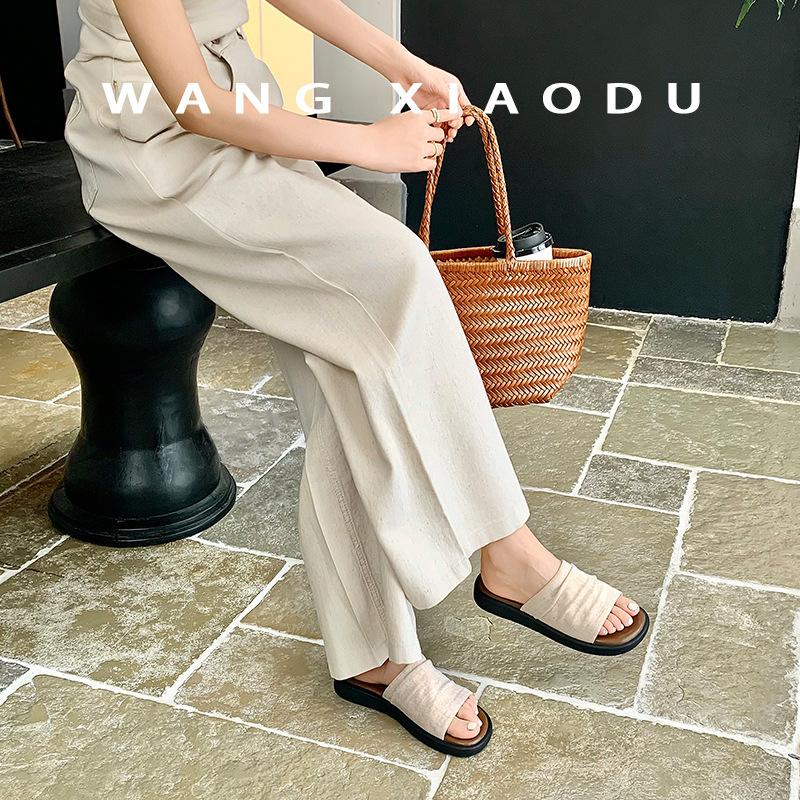 Sheepskin version~ linen pleated one-word thick-soled slippers women's summer vacation beach wear casual cool slippers