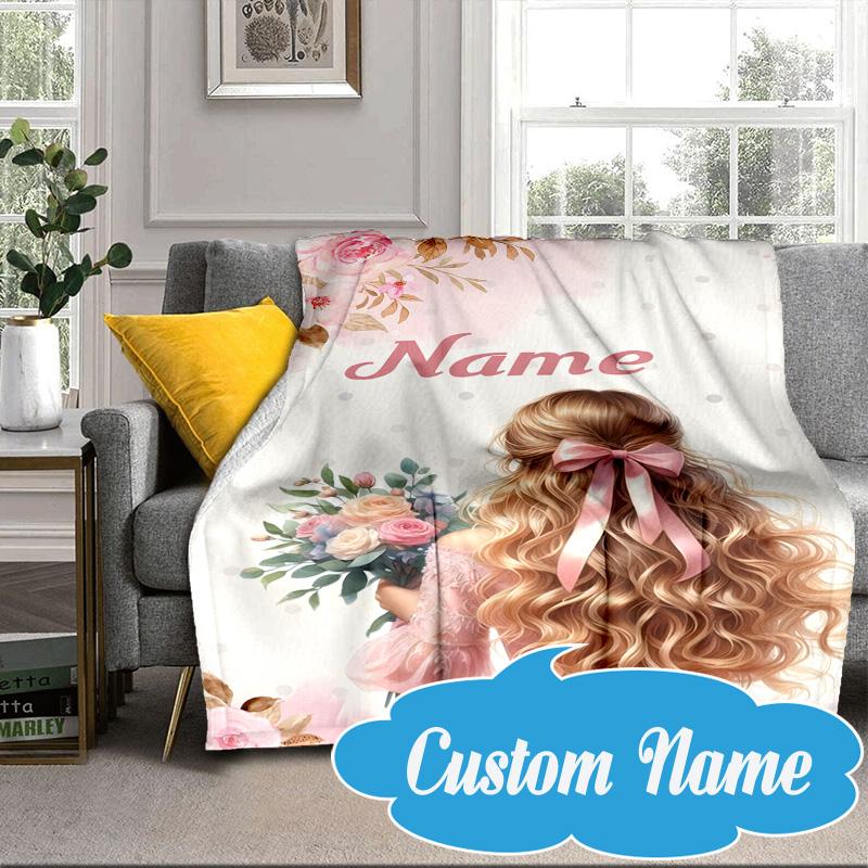 Custom Name Floral Princess Blanket bed sofa Blanket Flannel Blanket for Camping, Hiking, Picnic Essentials,gift for Fan family
